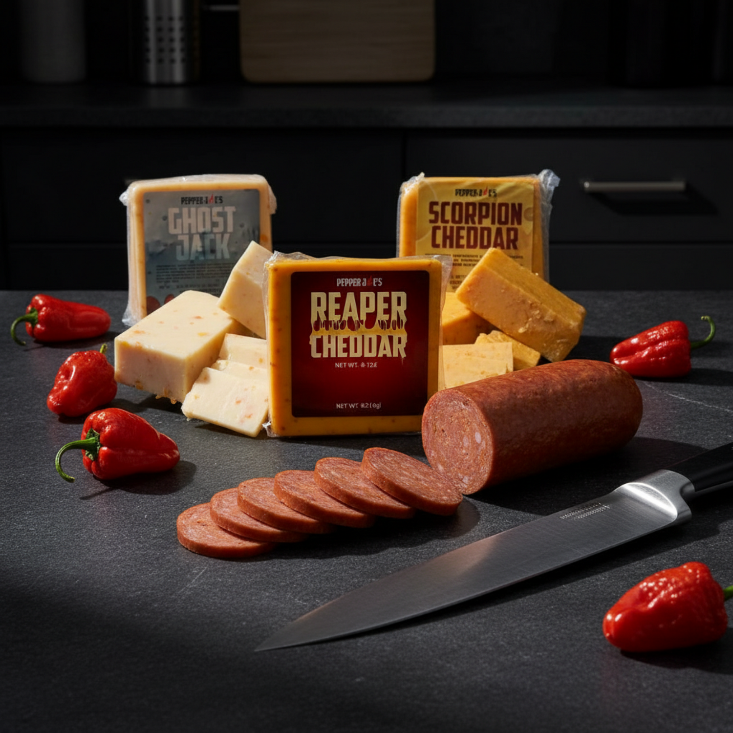 Pepper Joe's worlds hottest cheese collection with carolina reaper summer sausage in Modern Dark Kitchen