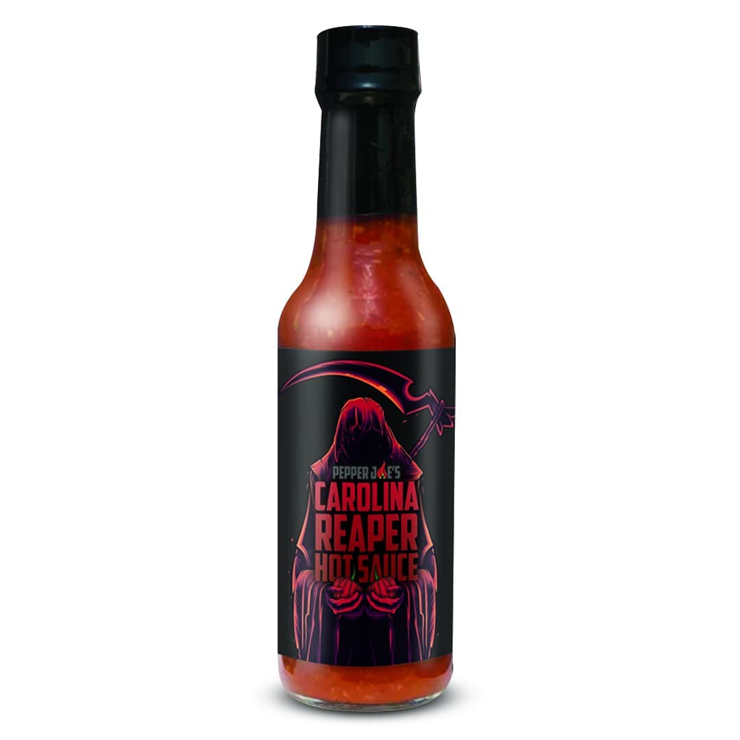 Pepper Joe's Carolina Reaper hot sauce bottle on white background