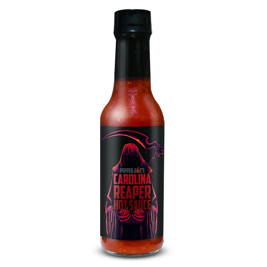 Pepper Joe's Carolina Reaper hot sauce bottle on white background