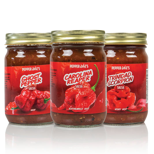 Pepper Joe's spicy gourmet salsa gift set - Trinidad Scorpion, Carolina Reaper, Ghost Pepper on white background