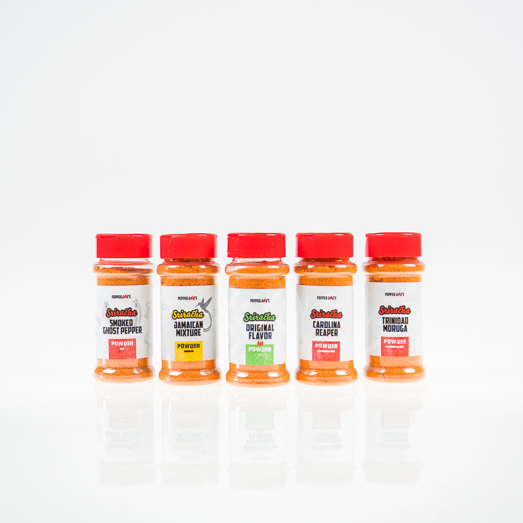 Pepper Joe's Sriracha Powders Bundle - five seasoning jars next to each other - hot pepper varieties