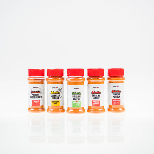 Pepper Joe's Sriracha Powders Bundle - five seasoning jars next to each other - hot pepper varieties