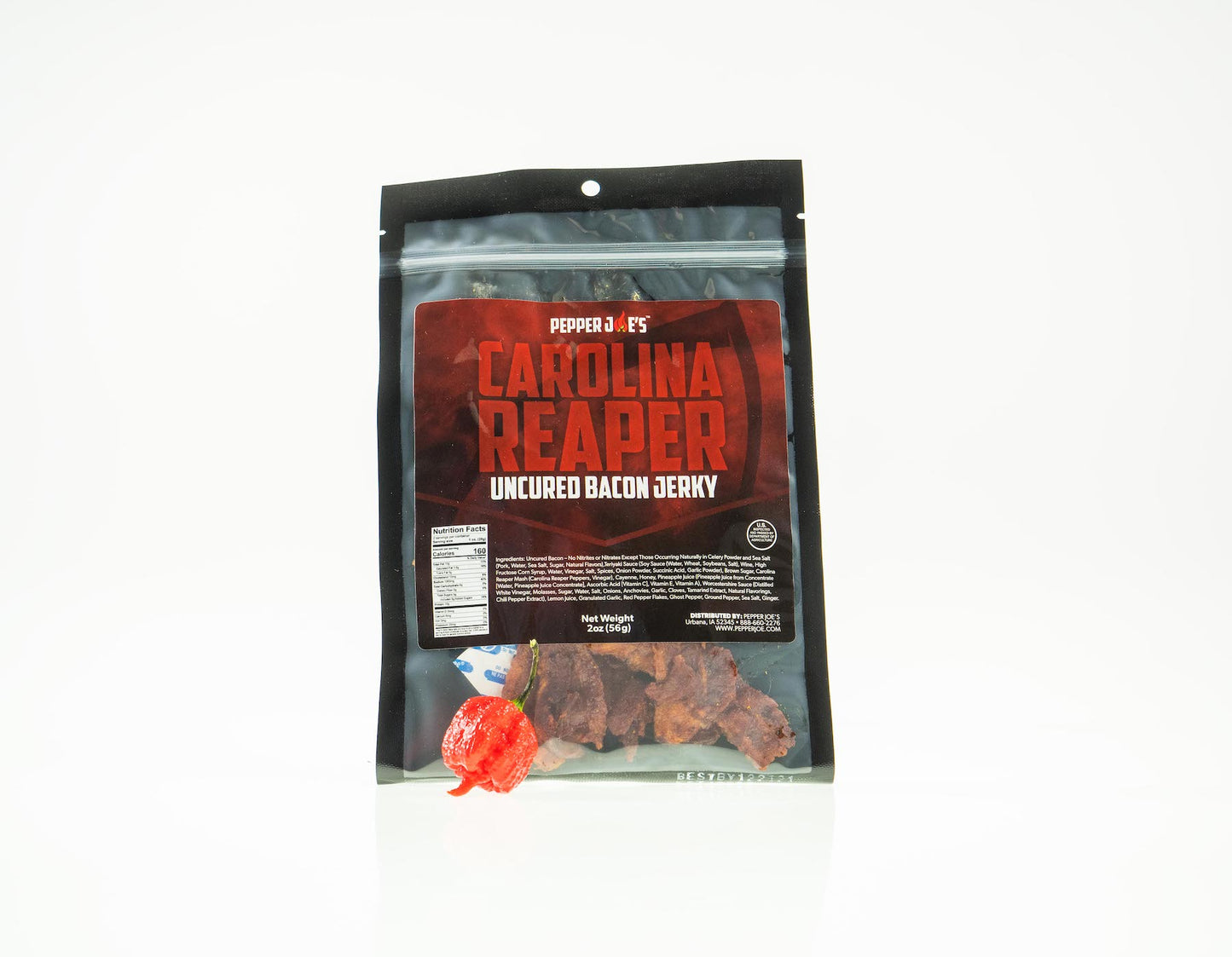 Pepper Joe's Carolina Reaper candied bacon jerky on white background