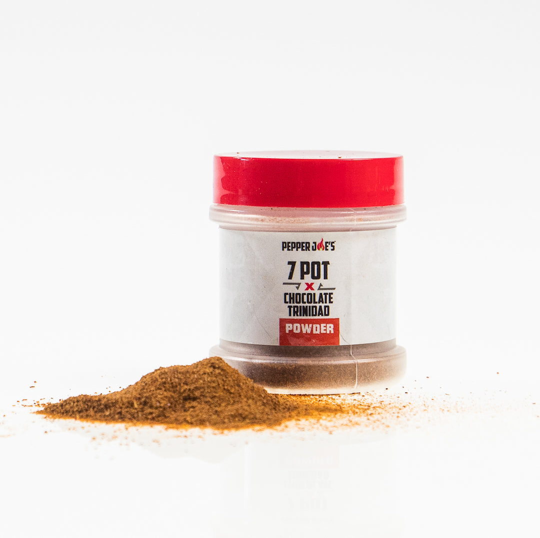 Pepper Joe's Chocolate Trinidad Scorpion x 7 Pot Douglah Powder - powder next to jar on white background