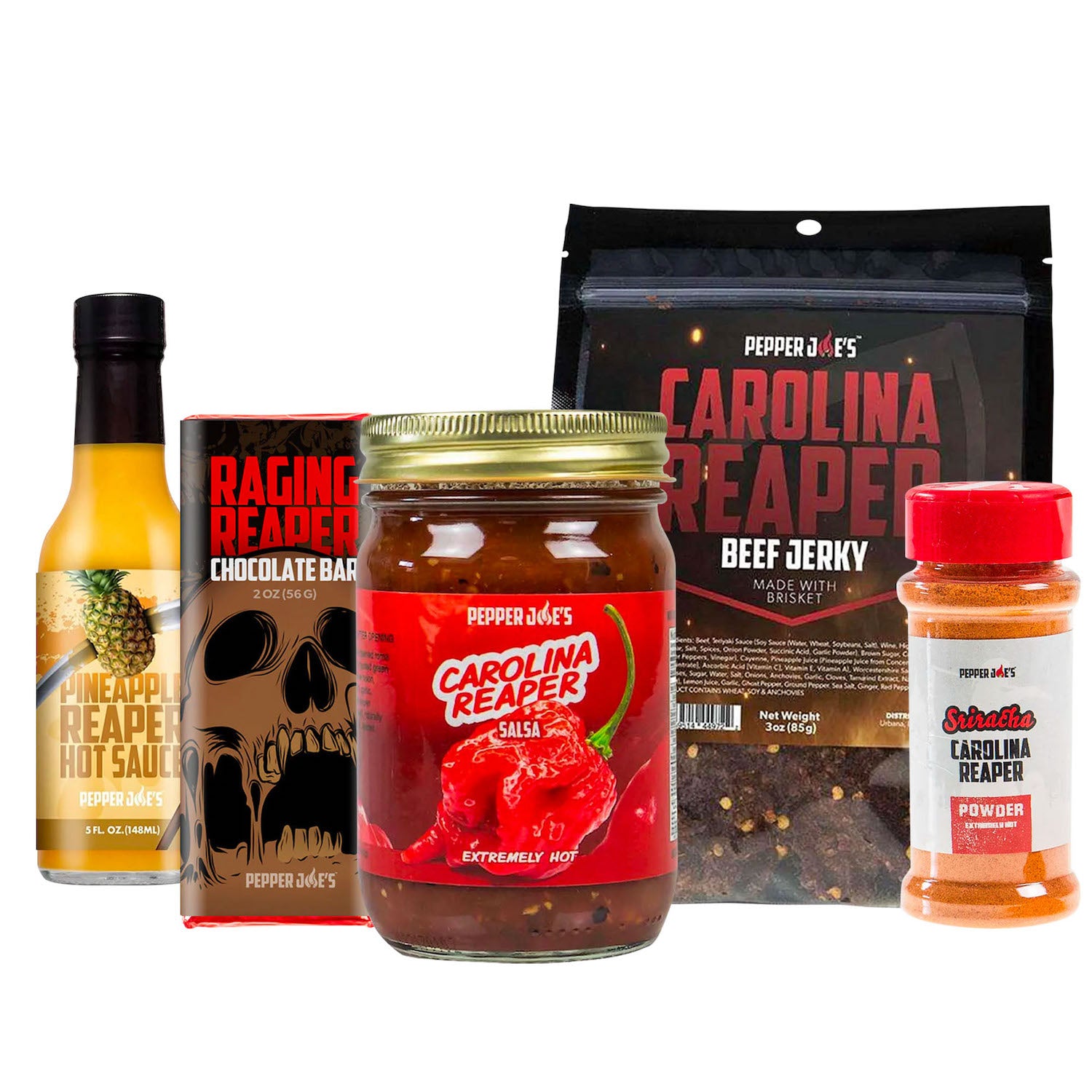 Pepper Joe's No Regrets Reaper Snack Bundle - carolina reaper snacks and sauces on white background