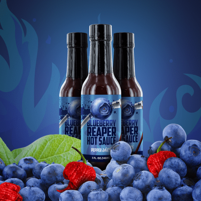 Pepper Joe's Carolina Reaper Dessert Hot Sauce Gift Set - Blueberry Reaper hot sauce graphic with blue background