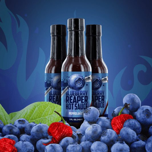 Pepper Joe's Carolina Reaper Dessert Hot Sauce Gift Set - Blueberry Reaper hot sauce graphic with blue background