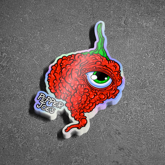 Pepper Joe's hot pepper sticker - carolina reaper decal on gray background