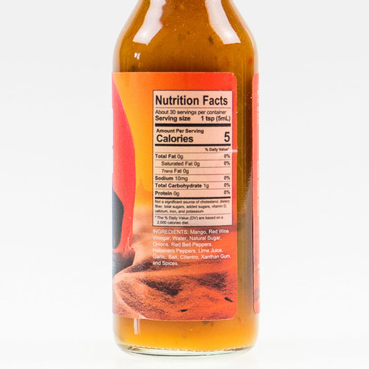 Back label of Mango Habanero Hot Sauce bottle showing ingredients and nutrition facts