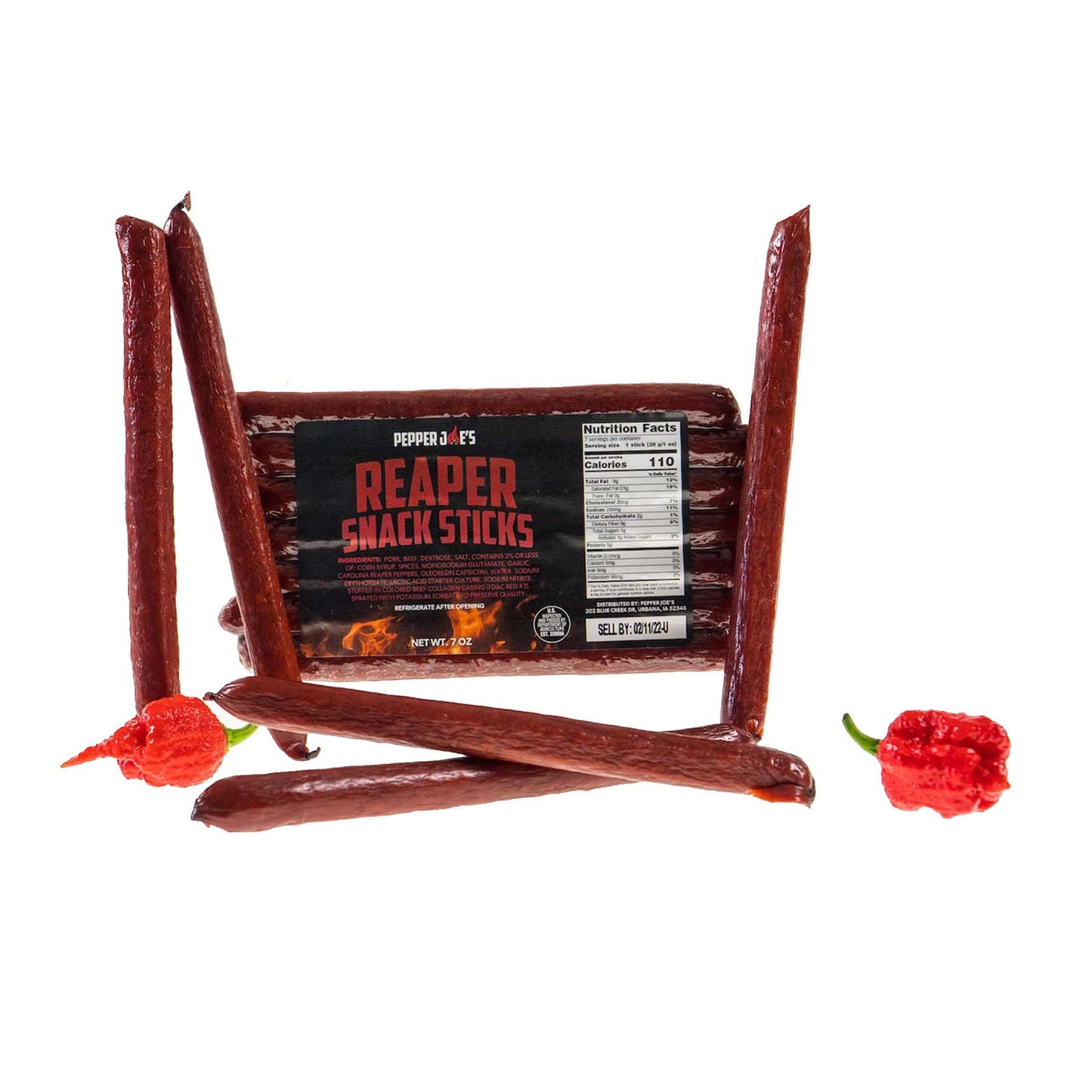 Pepper Joe's Carolina Reaper meat snack sticks with carolina reaper peppers on white background