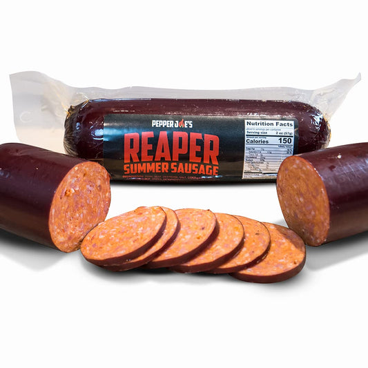 Pepper Joe's carolina reaper sausage - spicy sausage cut into pieces up close