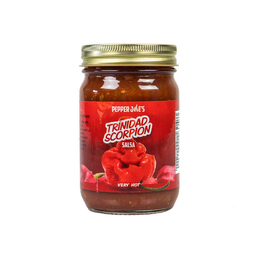 Pepper Joe's Trinindad Scorpion hot peper salsa on white background