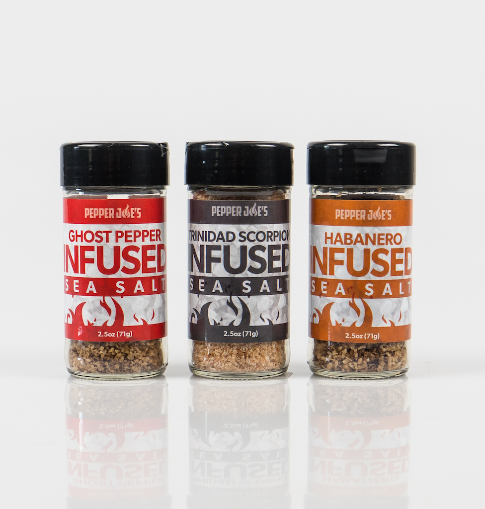 Pepper Joe's Superhot Sea Salt Collection - three Gourmet Sea Salts lined up on white background