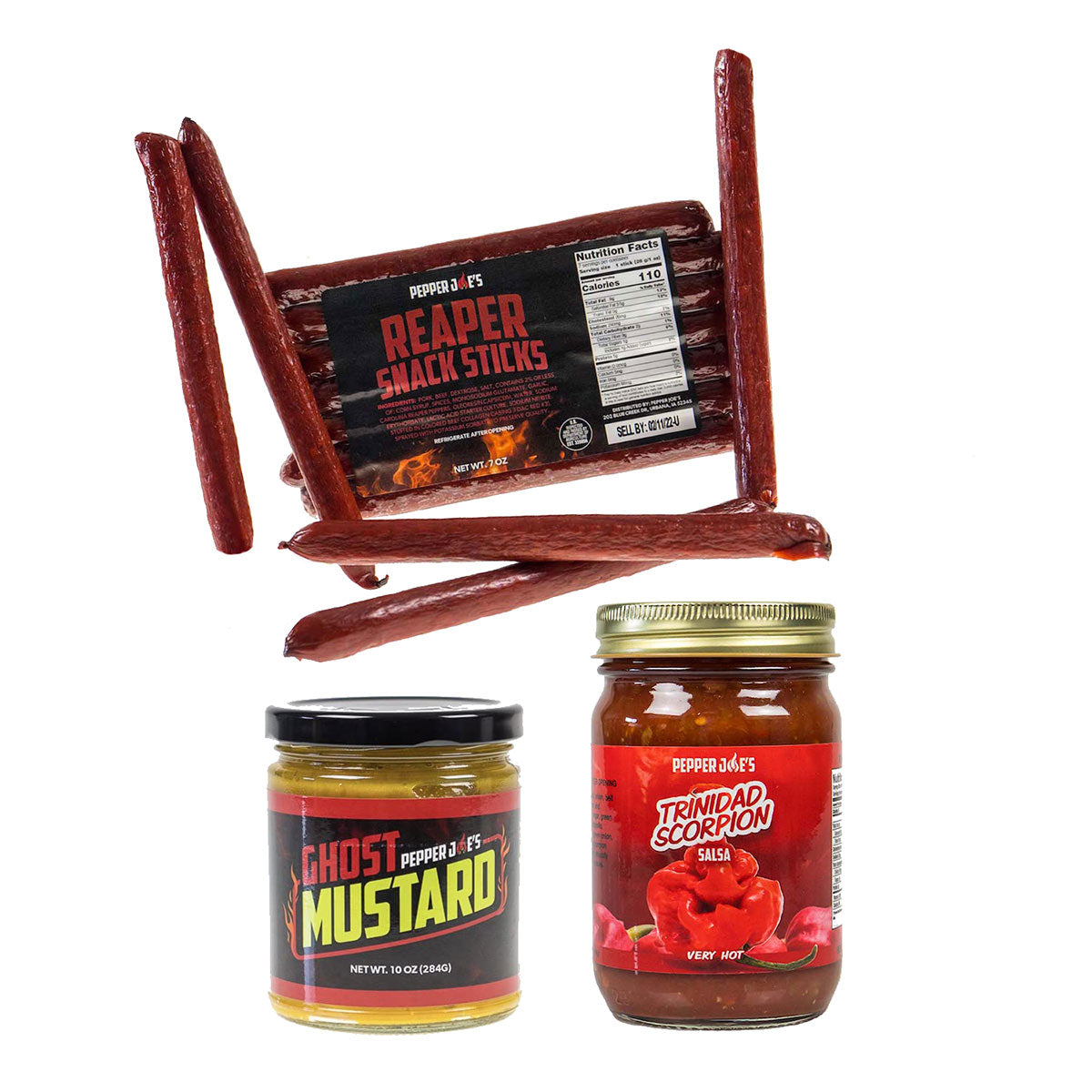 Pepper Joe's Tour of Heat Super Spicy Snack Bundle - Reaper snack sticks, Ghost pepper mustard, Trinindad Scorpion salsa