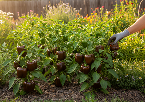 Garden showing ripe chocolate bell peppers ready for early harvest while other pepper plants are still maturing
