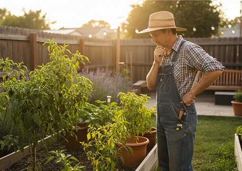 Home gardener inspecting super hot pepper plants in outdoor garden with concerned expression