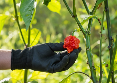 Gloved hand holding a super hot pepper after harvesting.