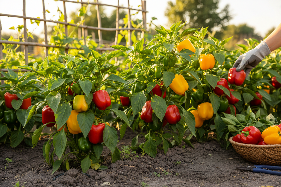 Mature pepper plants with ripe red and green peppers ready for harvest in garden