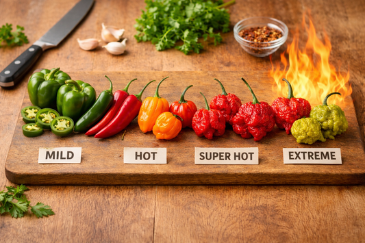 Peppers laying on a cutting board with signs indicating heat level.