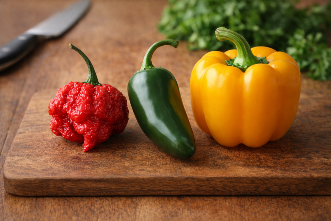Carolina Reaper, Jalapeno, and Yellow Bell pepper on a cutting board.