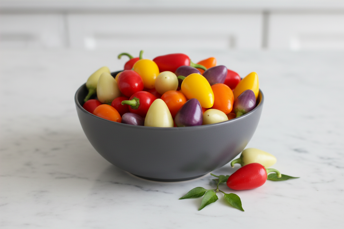 Chinese 5 Color peppers in a bowl on a kitchen counter.