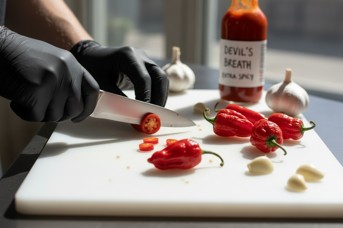 Cutting fresh super hot peppers from harvest on a cutting board with gloves and garlic while making homemade hot sauce.