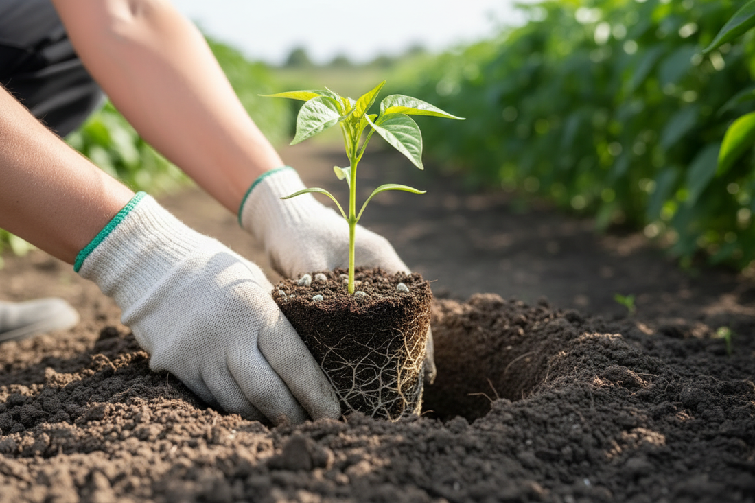 Grower placing pepper seedling into the soil in the garden.