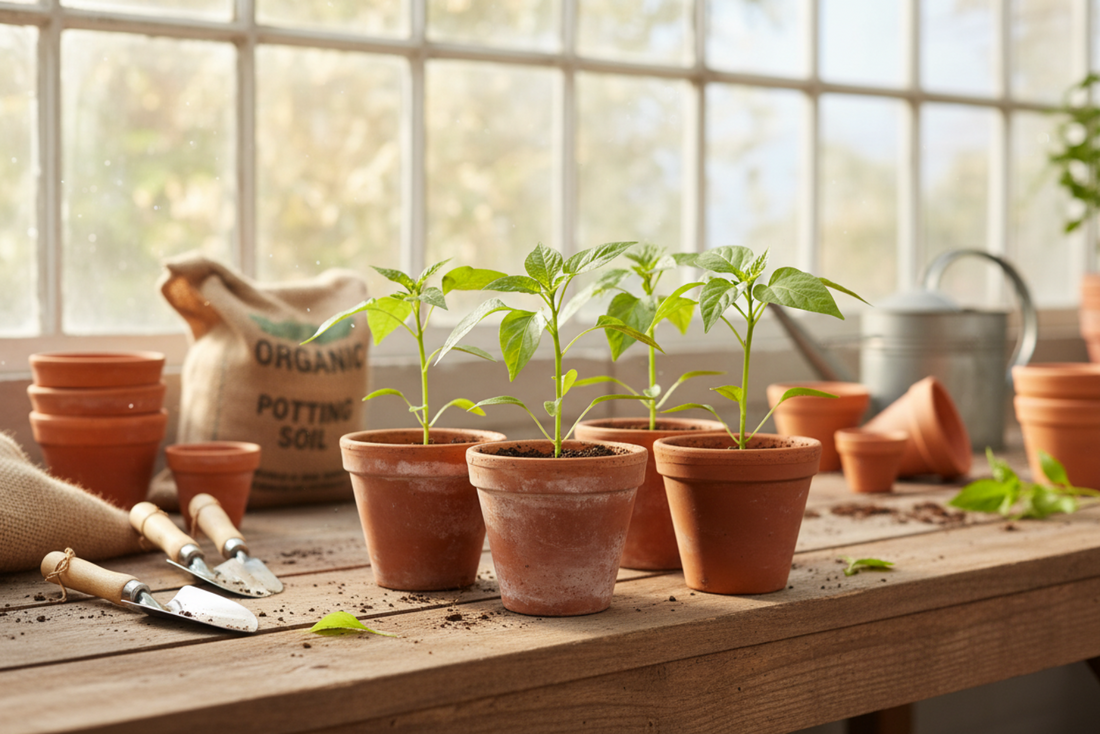four pepper plants in terracotta pots in the sunshine