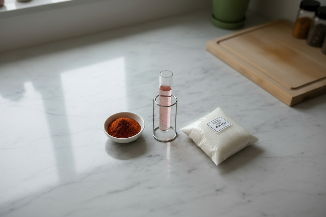 Scoville Organoleptic Test setup with ground chili powder, alcohol, and sugar.