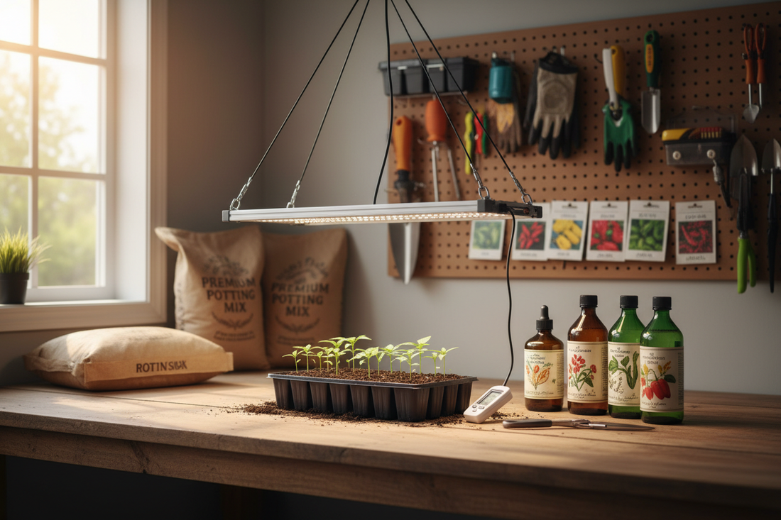 Pepper growing supplies on garage workbench including seed tray, grow light, thermometer, fertilizer, pruning shears, potting soil, and seed packets