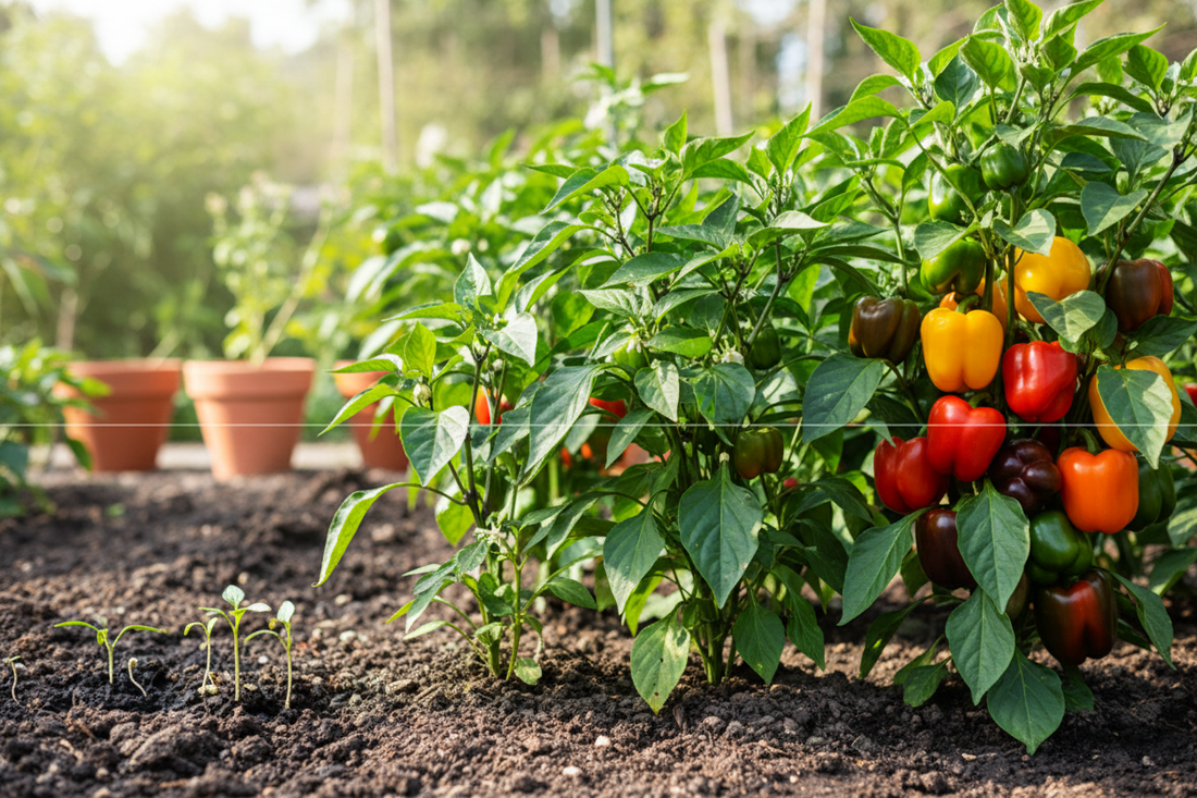 Wide view of pepper plant growth timeline from seed germination to mature plants with ripe colorful peppers