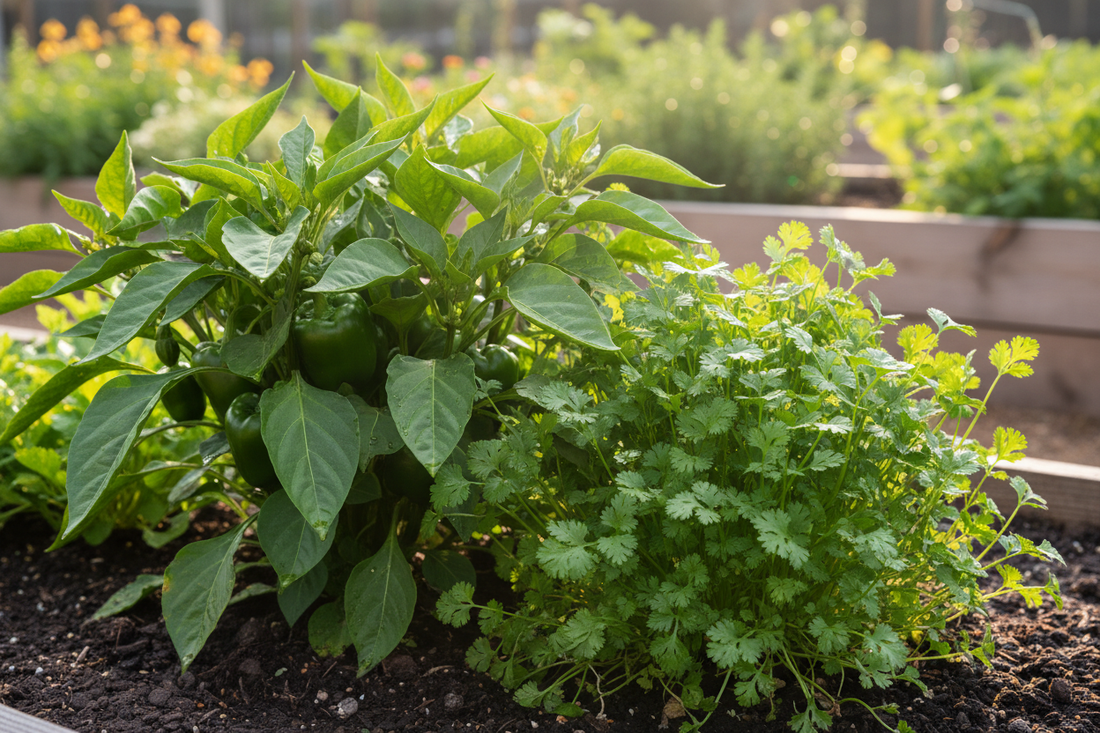 Pepper plant and cilantro plant growing together in garden demonstrating companion planting benefits