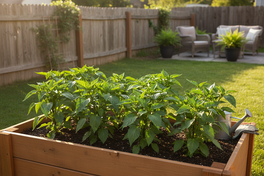 Small backyard garden in garden box.