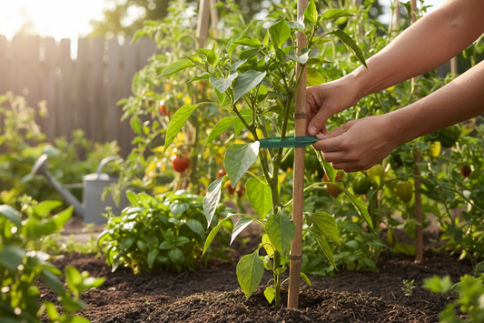Showing the proper staking technique for a pepper plant.