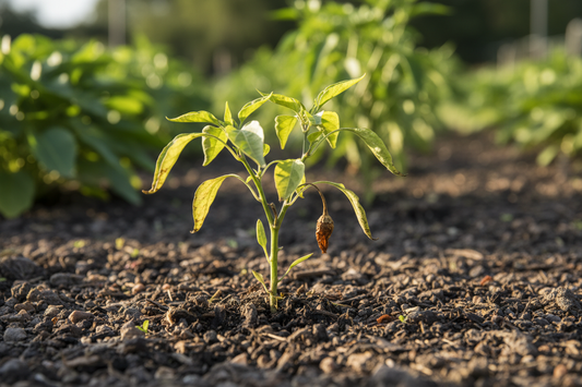 Pepper plant in garden struggling to thrive.