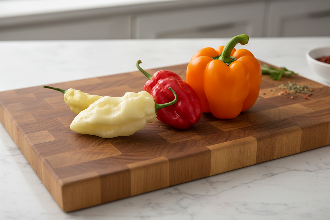 3 varieties of peppers on a cutting board, a white ghost, 7 Pot, and orange bell pepper.