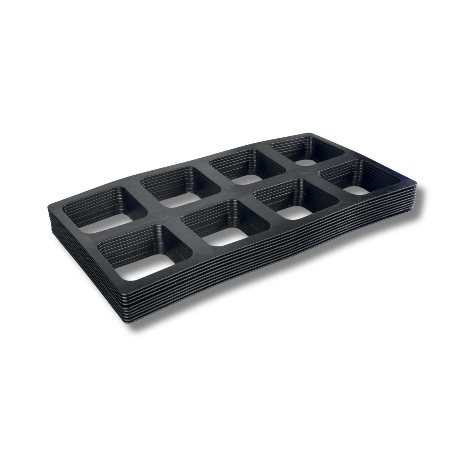 a stack of 10 tray inserts for 5" seed starting pots on white background