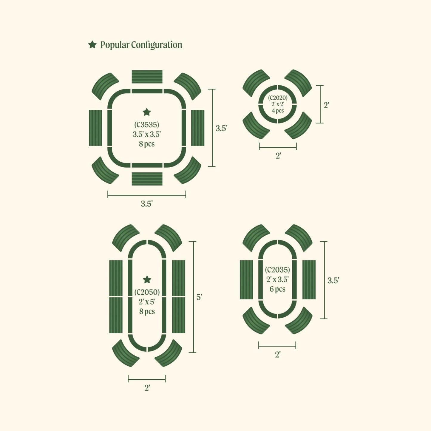 Diagram showing four possible configurations of the 4 in 1 Small Modular Metal Raised garden beds with dimensions and quantities of each item.