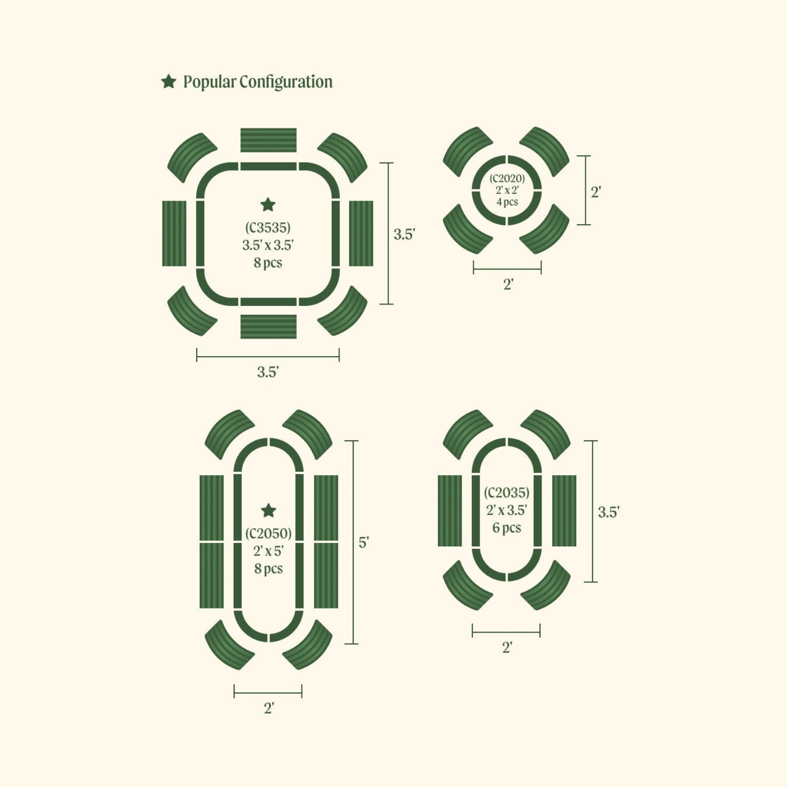 Diagram showing four possible configurations of the 4 in 1 Small Modular Metal Raised garden beds with dimensions and quantities of each item.