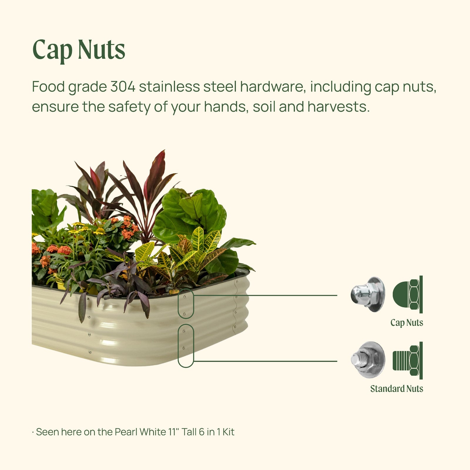 Image showing a pearl white raised garden bed with the standard and cap nuts identified on the side of the bed. Text includes food grade 304 stainless steel hardware, including cap nuts to ensure the safety of your hands, soil, and harvest.