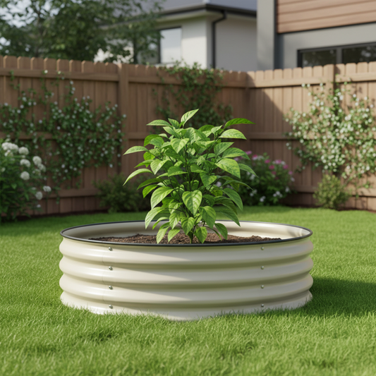 Pearl white round raised bed with one pepper plant in backyard