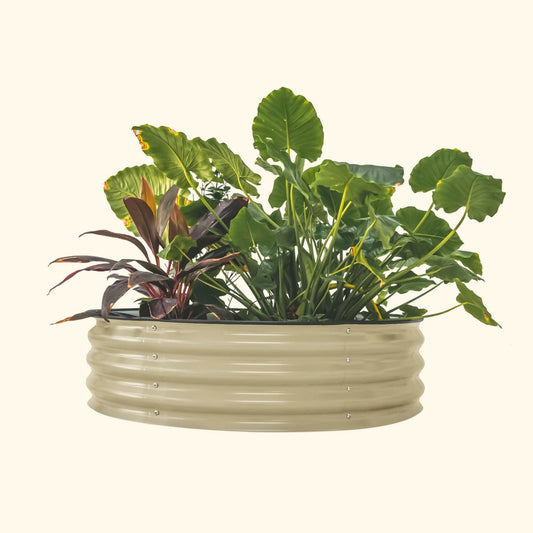 A pearl white elevated garden bed with color plants inside on a white background.
