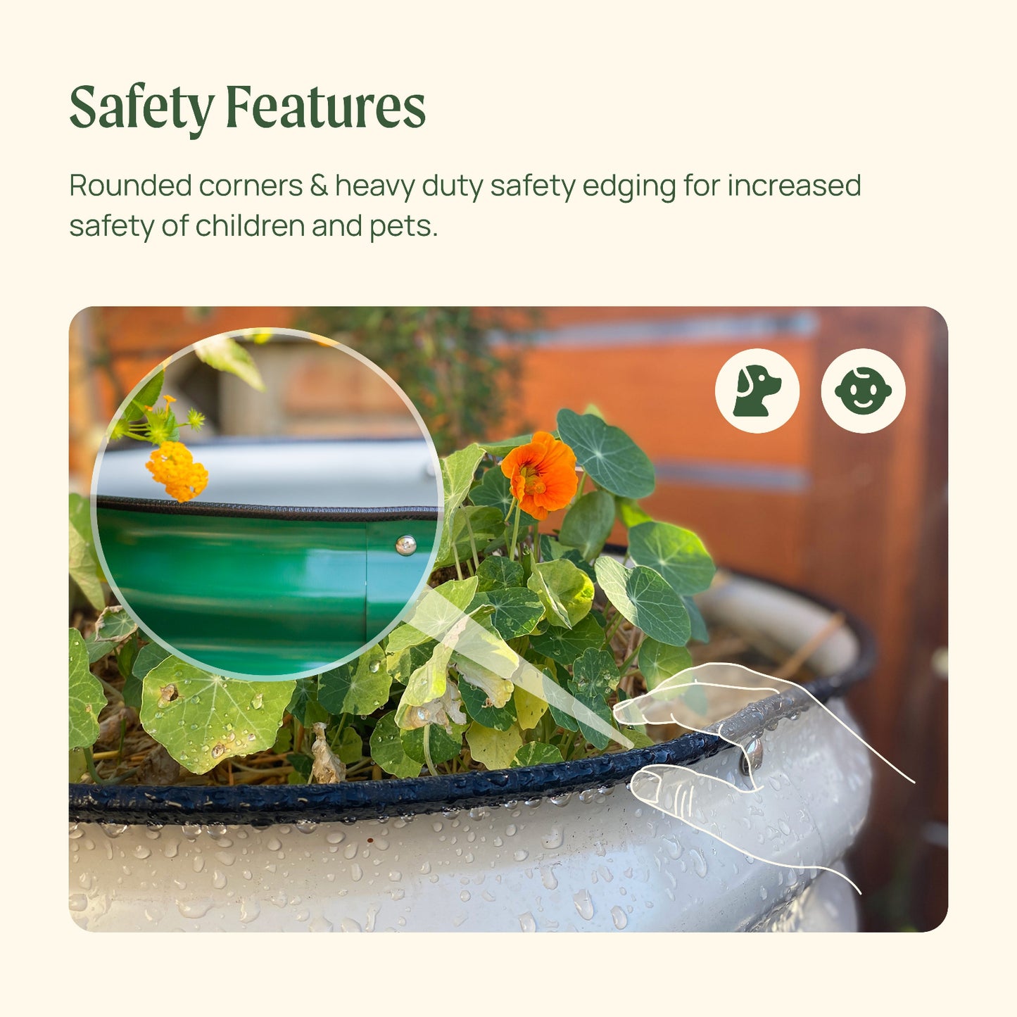 Image showing the top edge of the garden bed with text outlining safety features including: rounded corners and heavy duty safety edging for increased safety.