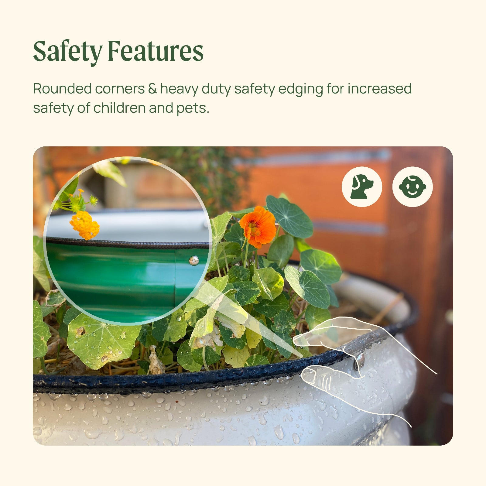 Image showing the top edge of the garden bed with text outlining safety features including: rounded corners and heavy duty safety edging for increased safety.