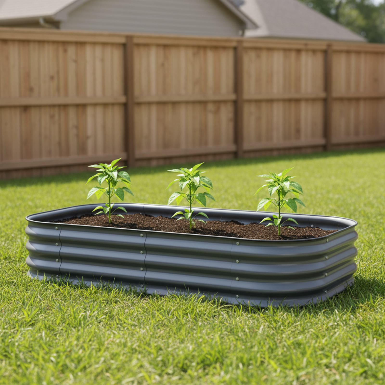 11 inch tall 6-1 modern Gray metal raised garden bed with three young pepper plants in backyard. 