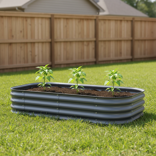 11 inch tall 6-1 modern Gray metal raised garden bed with three young pepper plants in backyard. 
