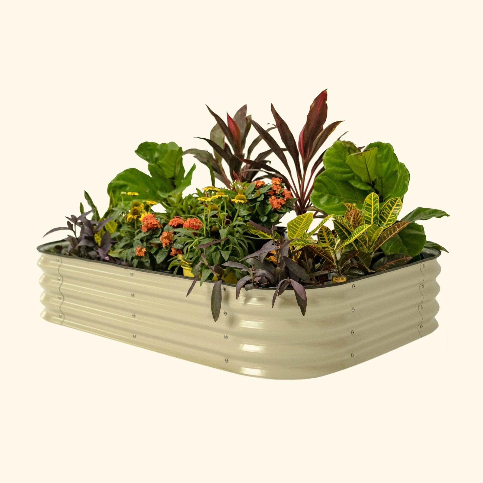 A pearl white 11 inch tall 6 in 1 modular metal Garden Bed with colorful flowers and plants on a white background.