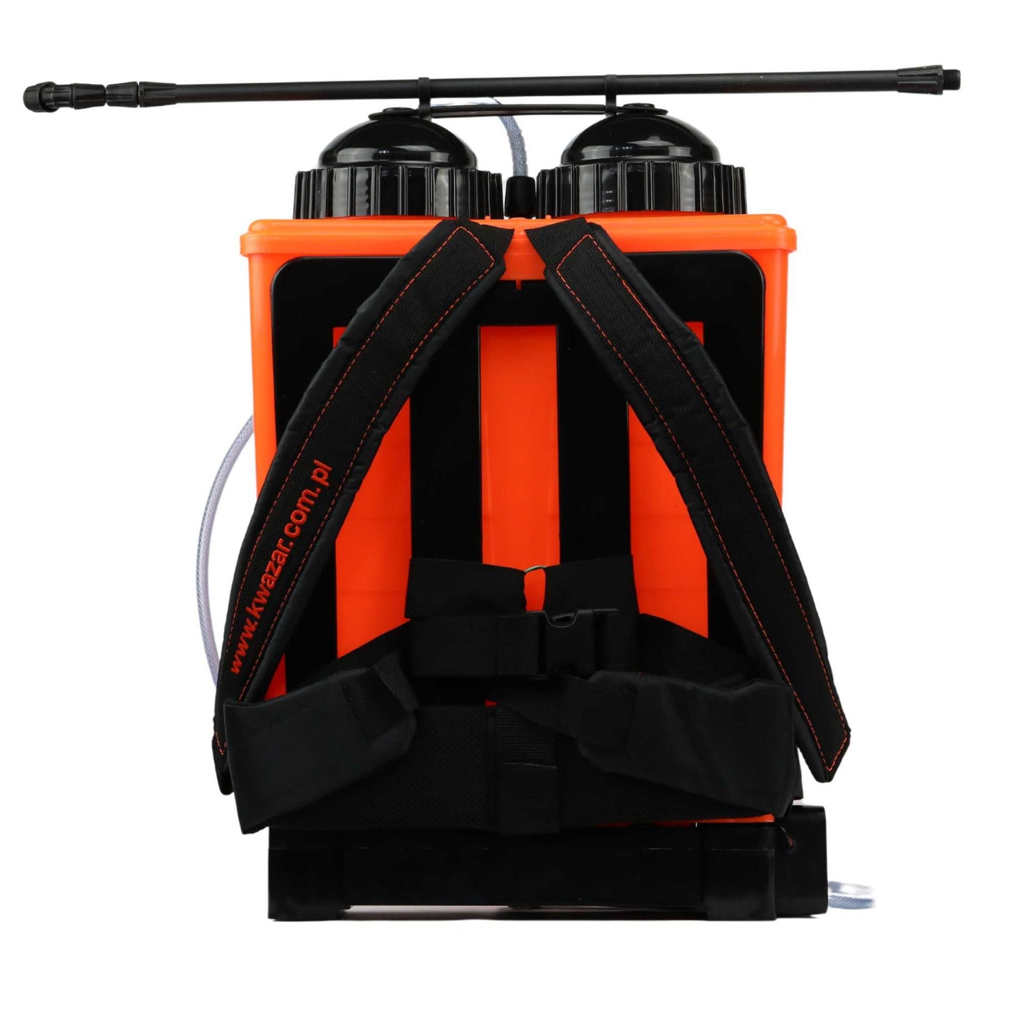 Back view of Kwazar Neptune backpack sprayer showing shoulder straps, waist belt, and tank rear