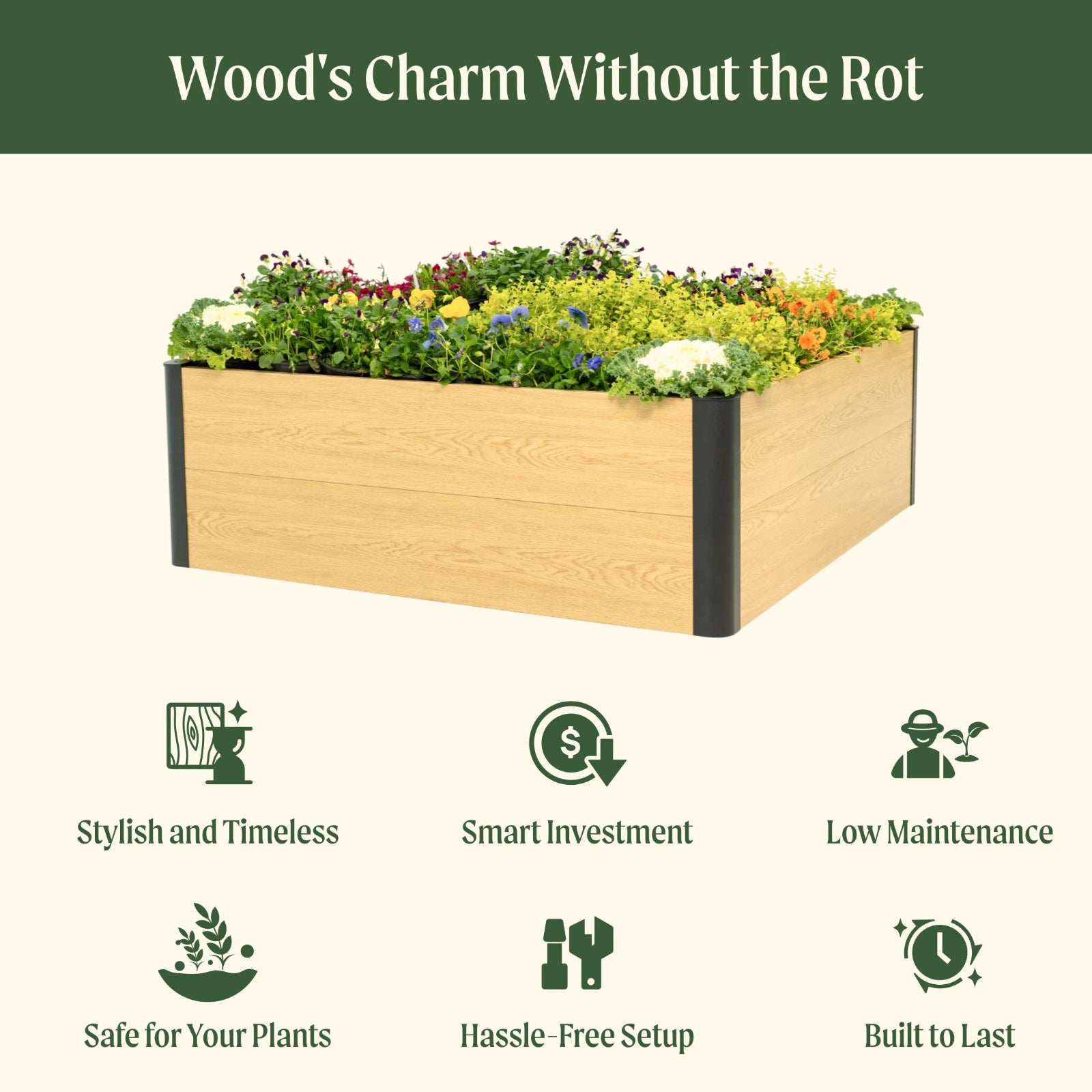 16 inch tall woodgrain 2 foot by 8 foot metal raised garden bed with flowers  indicating features including: wood's charm without the rot, stylish and timeless, smart investment, low maintenance, safe for your plants, hassle-free setup, and built to last.