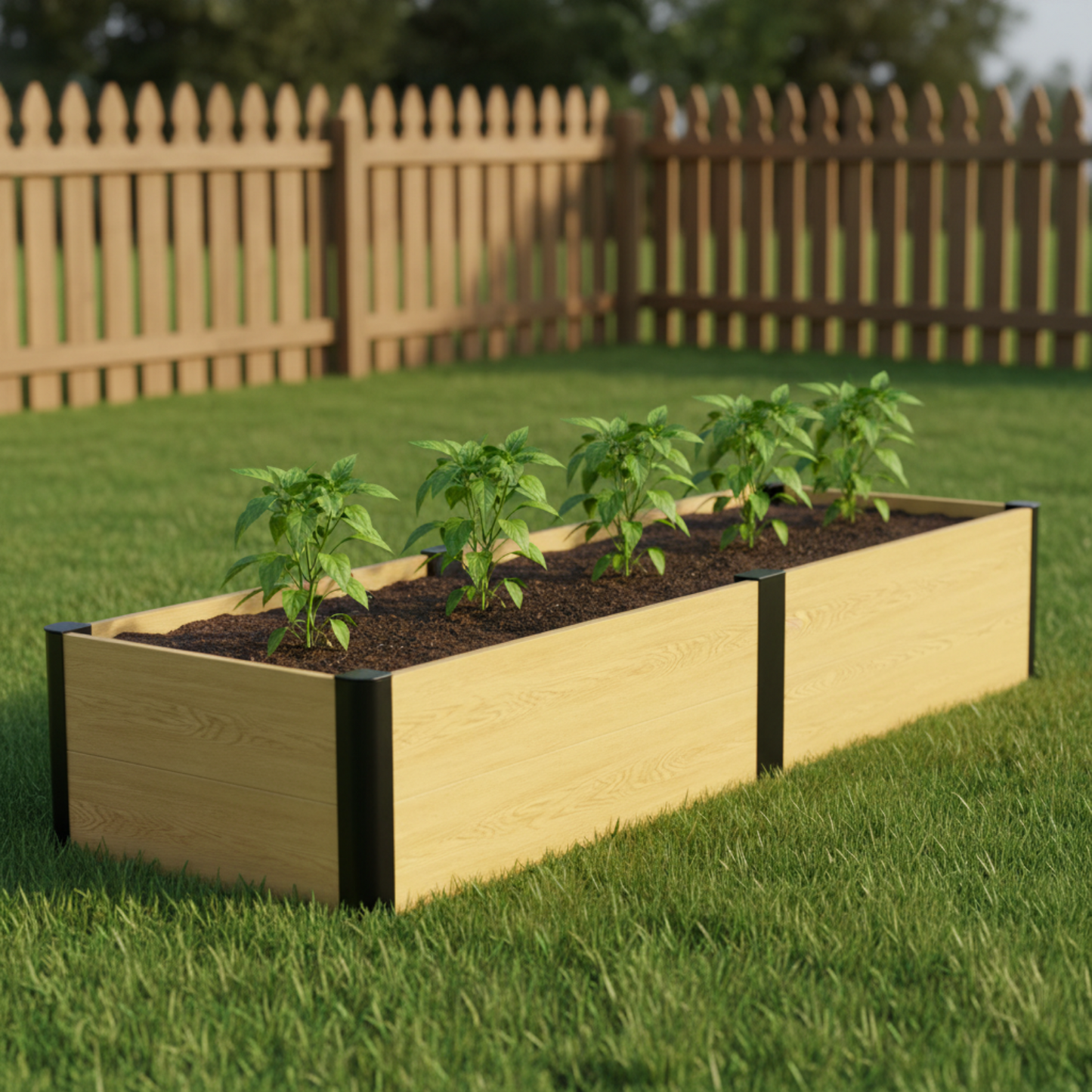 2x8 woodgrain metal raised garden bed with pepper plants in a backyard setting